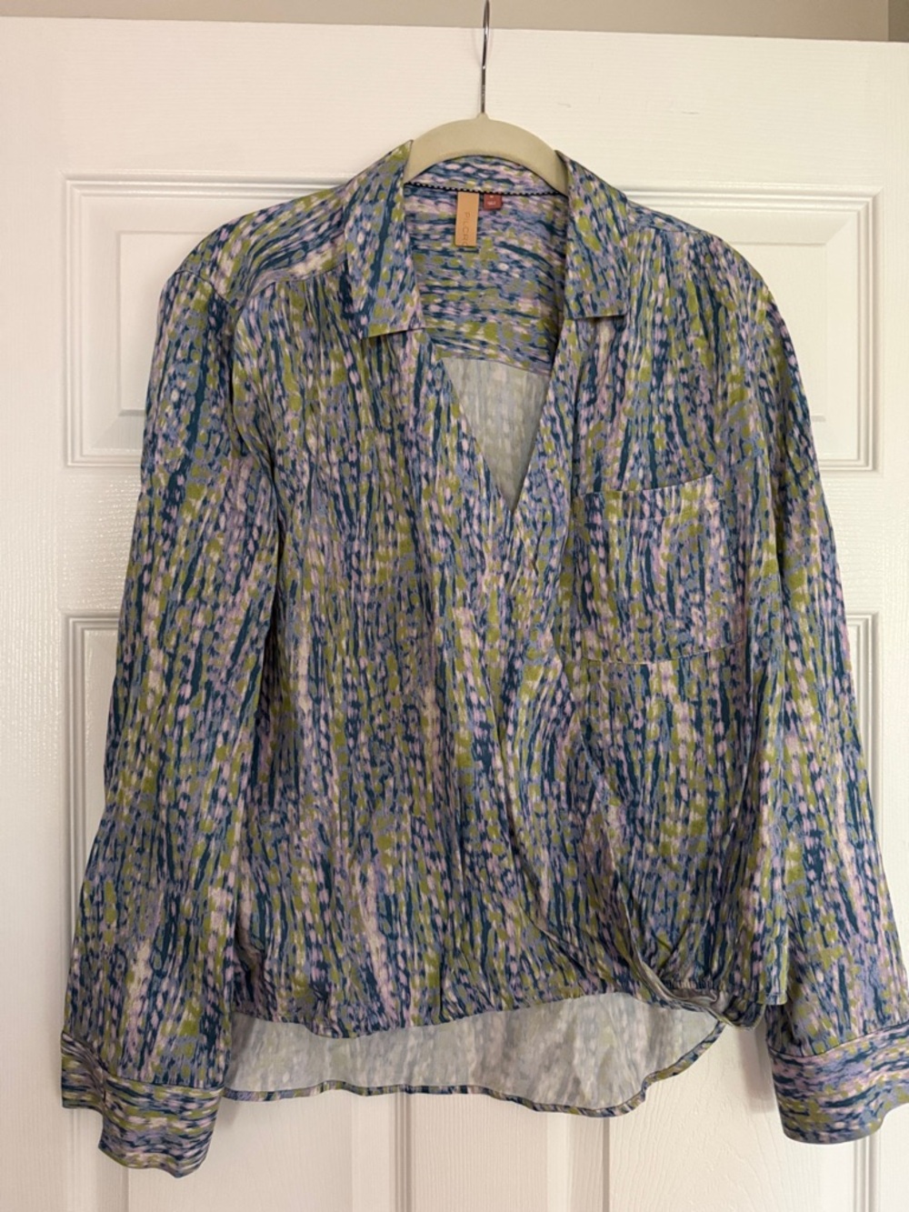 Anthropology Pilcro Medium Printed crossover Blouse in Blue, Green & Lavender